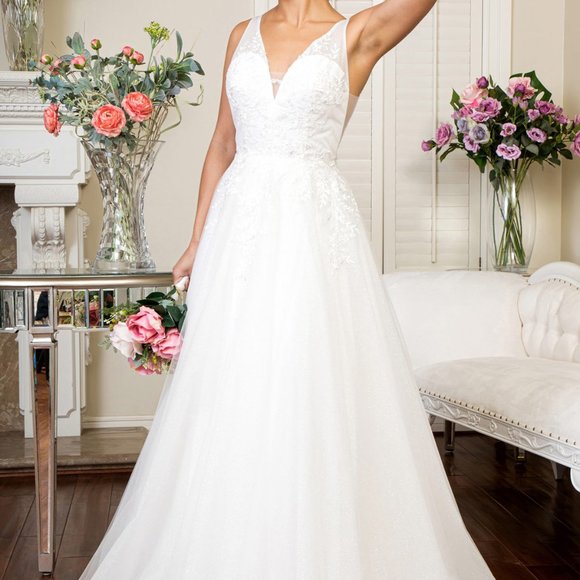 V-Neck Glitter Mesh Wedding Gown - GSGL1906